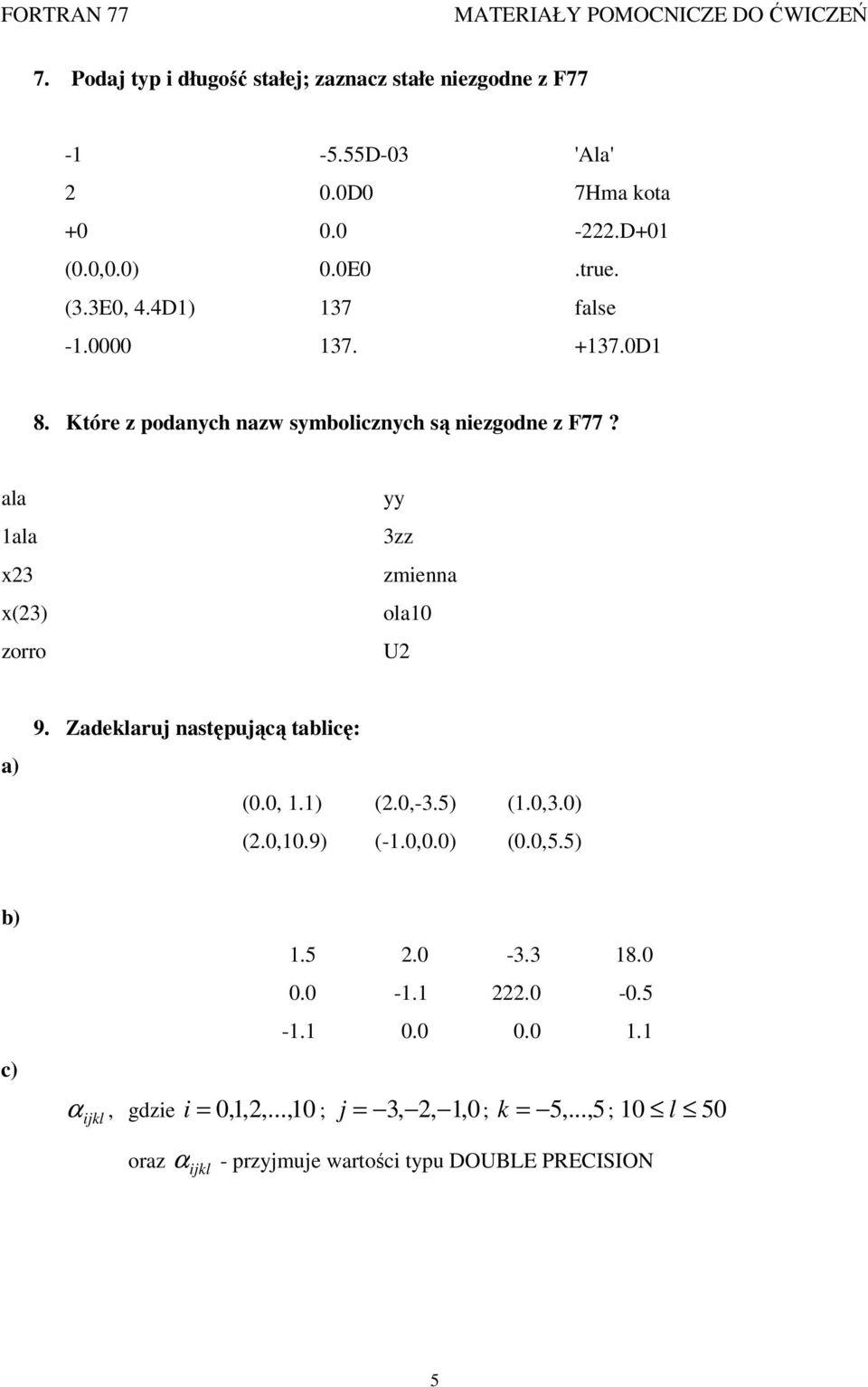 ala 1ala x3 x(3) zorro yy 3zz zmienna ola10 U a) 9. Zadeklaruj następującą tablicę: (0.0, 1.1) (.0,-3.5) (1.0,3.0) (.0,10.9) (-1.0,0.