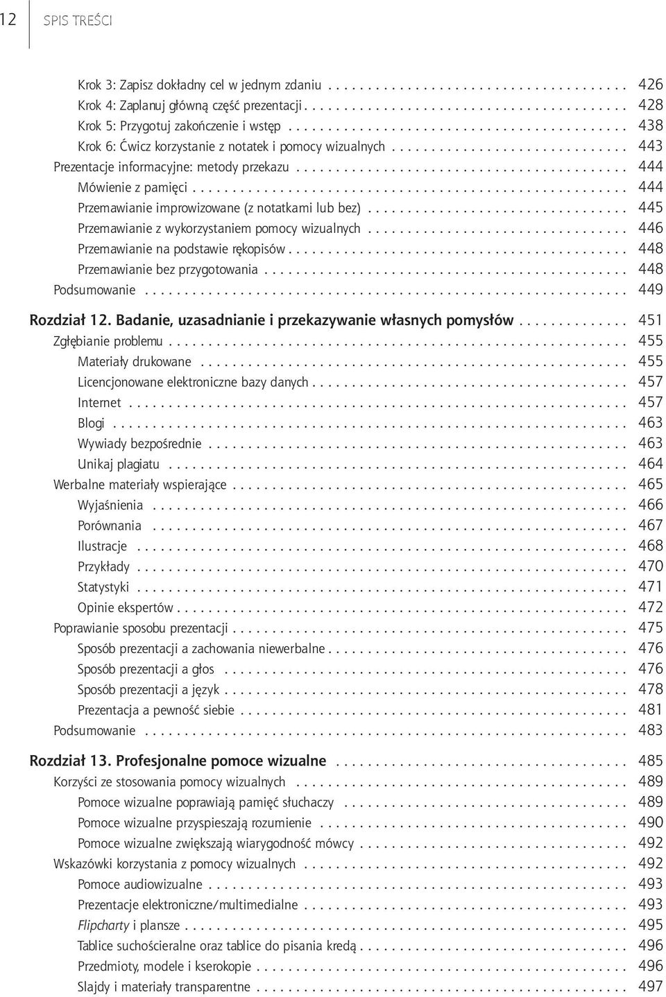 .. 445 Przemawianie z wykorzystaniem pomocy wizualnych... 446 Przemawianie na podstawie rękopisów... 448 Przemawianie bez przygotowania... 448 Podsumowanie... 449 Rozdział 12.