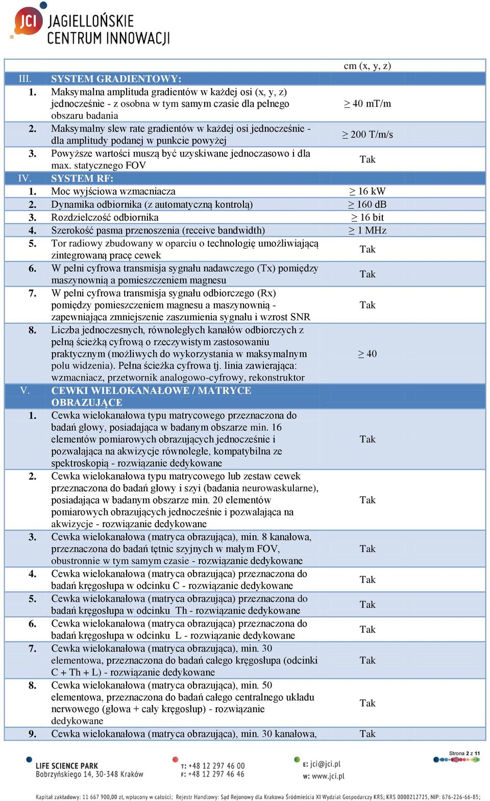 SYSTEM RF: 1. Moc wyjściowa wzmacniacza 16 kw 2. Dynamika odbiornika (z automatyczną kontrolą) 160 db 3. Rozdzielczość odbiornika 16 bit 4. Szerokość pasma przenoszenia (receive bandwidth) 1 MHz 5.