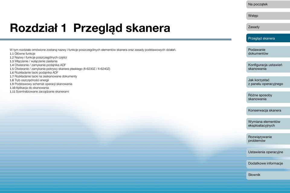 5 Otwieranie / zamykanie pokrywy skanera płaskiego (fi-6230z / fi-6240z) 1.6 Rozkładanie tacki podajnika ADF 1.