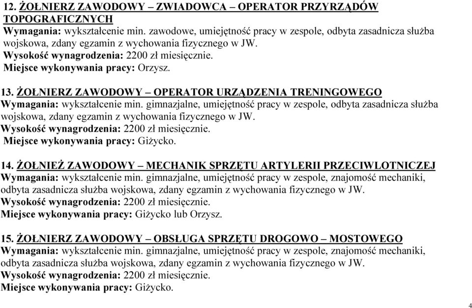 ŻOŁNIEŻ ZAWODOWY MECHANIK SPRZĘTU ARTYLERII PRZECIWLOTNICZEJ Wymagania: wykształcenie min.