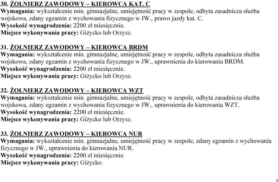 ŻOŁNIERZ ZAWODOWY KIEROWCA WZT, uprawnienia do kierowania WZT. 33.