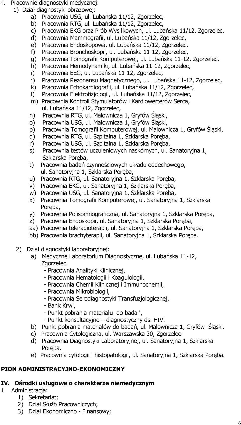 Lubańska 11/12, Zgorzelec, f) Pracownia Bronchoskopii, ul. Lubańska 11-12, Zgorzelec, g) Pracownia Tomografii Komputerowej, ul. Lubańska 11-12, Zgorzelec, h) Pracownia Hemodynamiki, ul.