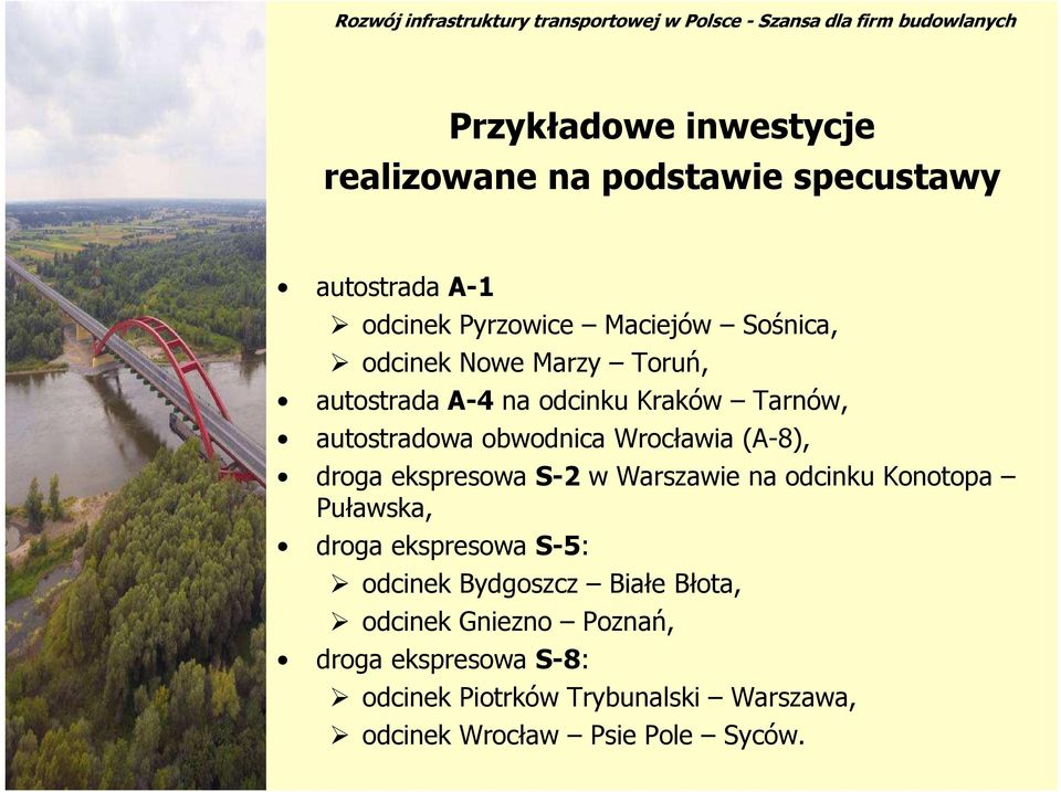 ekspresowa S-2 w Warszawie na odcinku Konotopa Puławska, droga ekspresowa S-5: odcinek Bydgoszcz Białe Błota,