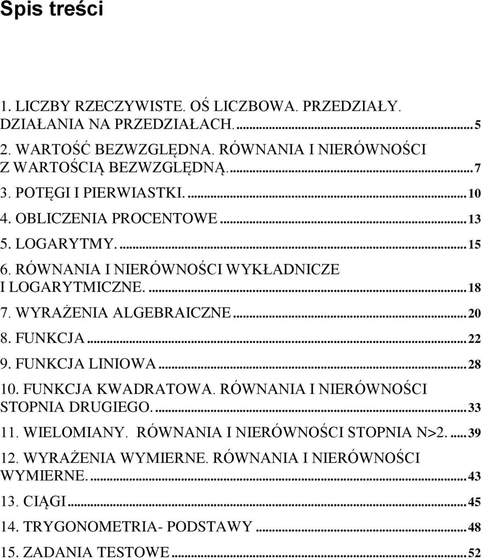 RÓWNANIA I NIERÓWNOŚCI WYKŁADNICZE I LOGARYTMICZNE.... 8 7. WYRAŻENIA ALGEBRAICZNE... 0 8. FUNKCJA... 9. FUNKCJA LINIOWA... 8 0. FUNKCJA KWADRATOWA.