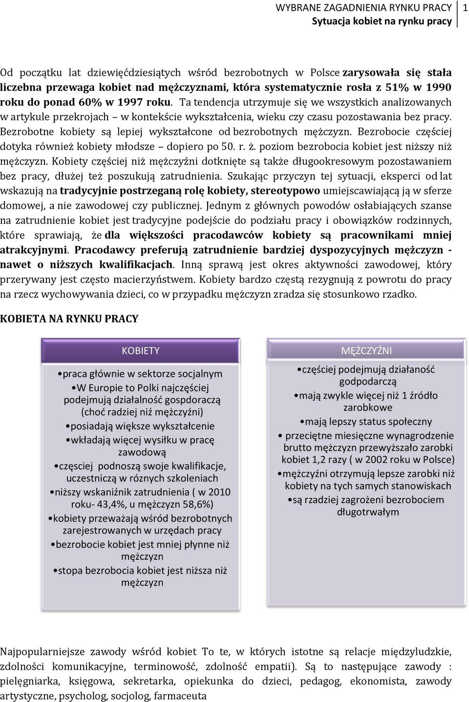 Bezrobotne kobiety są lepiej wykształcone od bezrobotnych mężczyzn. Bezrobocie częściej dotyka również kobiety młodsze dopiero po 50. r. ż. poziom bezrobocia kobiet jest niższy niż mężczyzn.