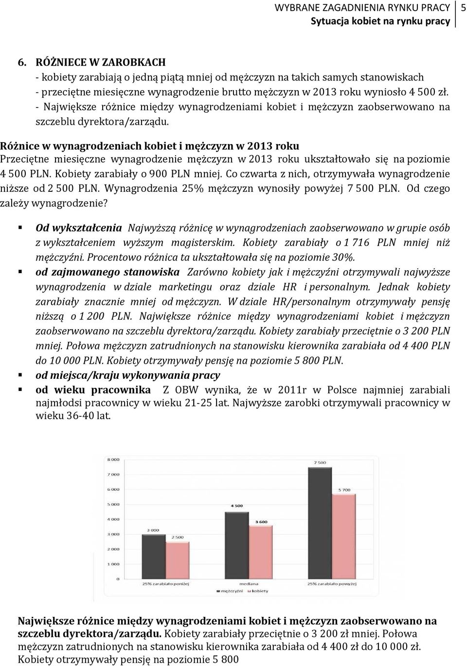 Różnice w wynagrodzeniach kobiet i mężczyzn w 2013 roku Przeciętne miesięczne wynagrodzenie mężczyzn w 2013 roku ukształtowało się na poziomie 4 500 PLN. Kobiety zarabiały o 900 PLN mniej.