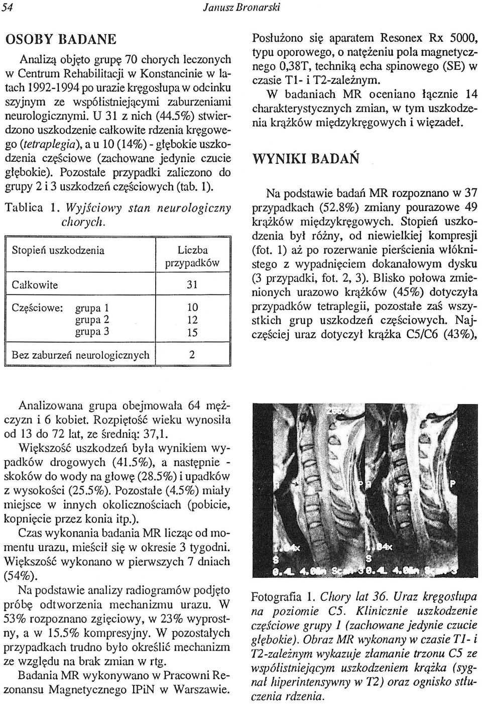 PozostaJe przypadki zaliczono do grupy 2 i 3 uszkodzeń częściowych (tab. 1). Tablica 1. Wyjściowy stan neurologiczny chorych.