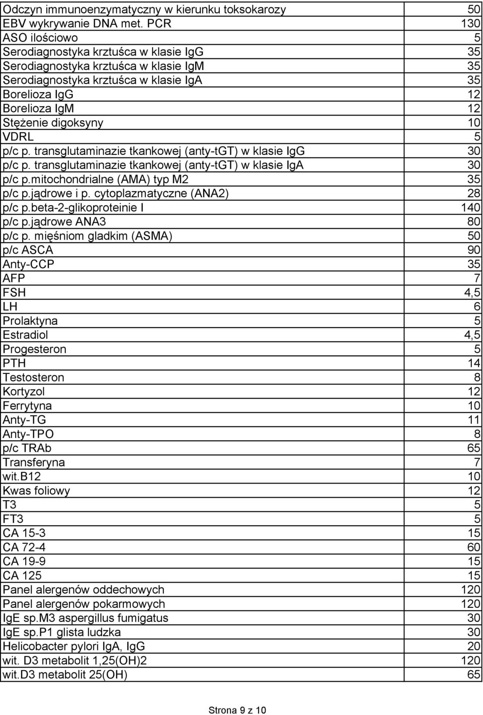 10 VDRL 5 p/c p. transglutaminazie tkankowej (anty-tgt) w klasie IgG 30 p/c p. transglutaminazie tkankowej (anty-tgt) w klasie IgA 30 p/c p.mitochondrialne (AMA) typ M2 35 p/c p.jądrowe i p.