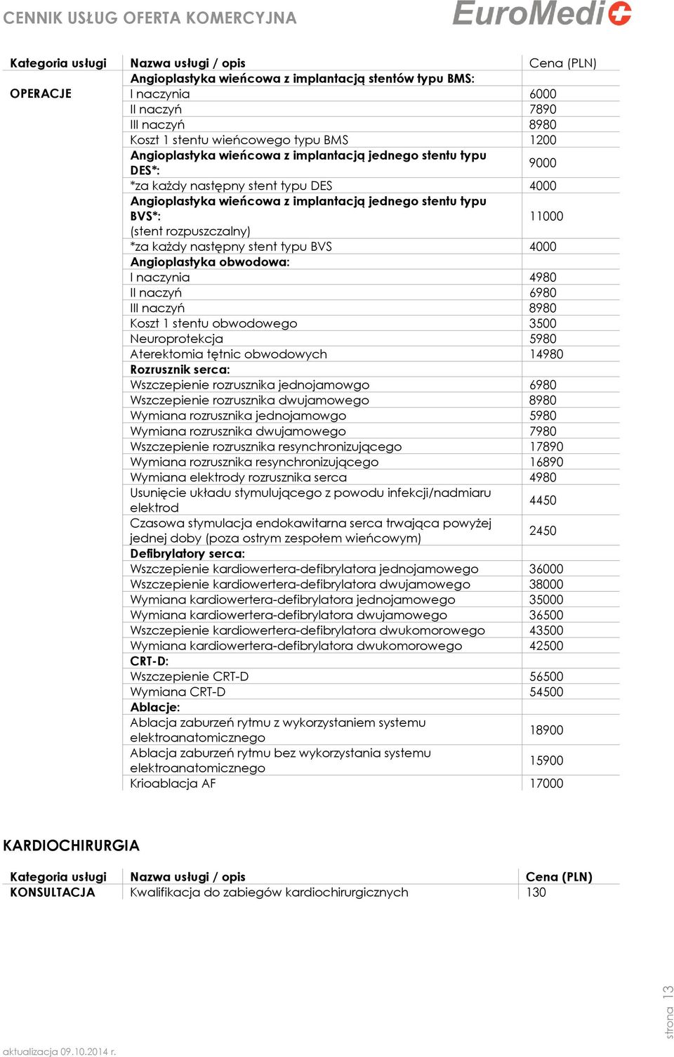 *za każdy następny stent typu BVS 4000 Angioplastyka obwodowa: I naczynia 4980 II naczyń 6980 III naczyń 8980 Koszt 1 stentu obwodowego 3500 Neuroprotekcja 5980 Aterektomia tętnic obwodowych 14980