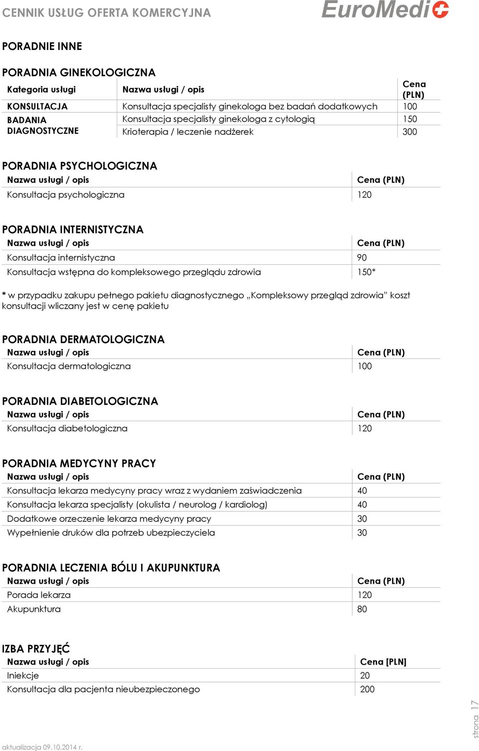 Konsultacja internistyczna 90 Konsultacja wstępna do kompleksowego przeglądu zdrowia 150* * w przypadku zakupu pełnego pakietu diagnostycznego Kompleksowy przegląd zdrowia koszt konsultacji wliczany