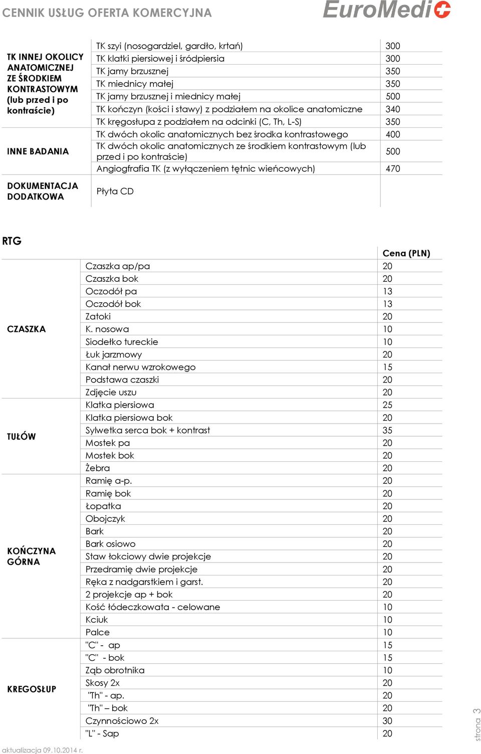 350 TK dwóch okolic anatomicznych bez środka kontrastowego 400 TK dwóch okolic anatomicznych ze środkiem kontrastowym (lub przed i po kontraście) 500 Angiogfrafia TK (z wyłączeniem tętnic wieńcowych)