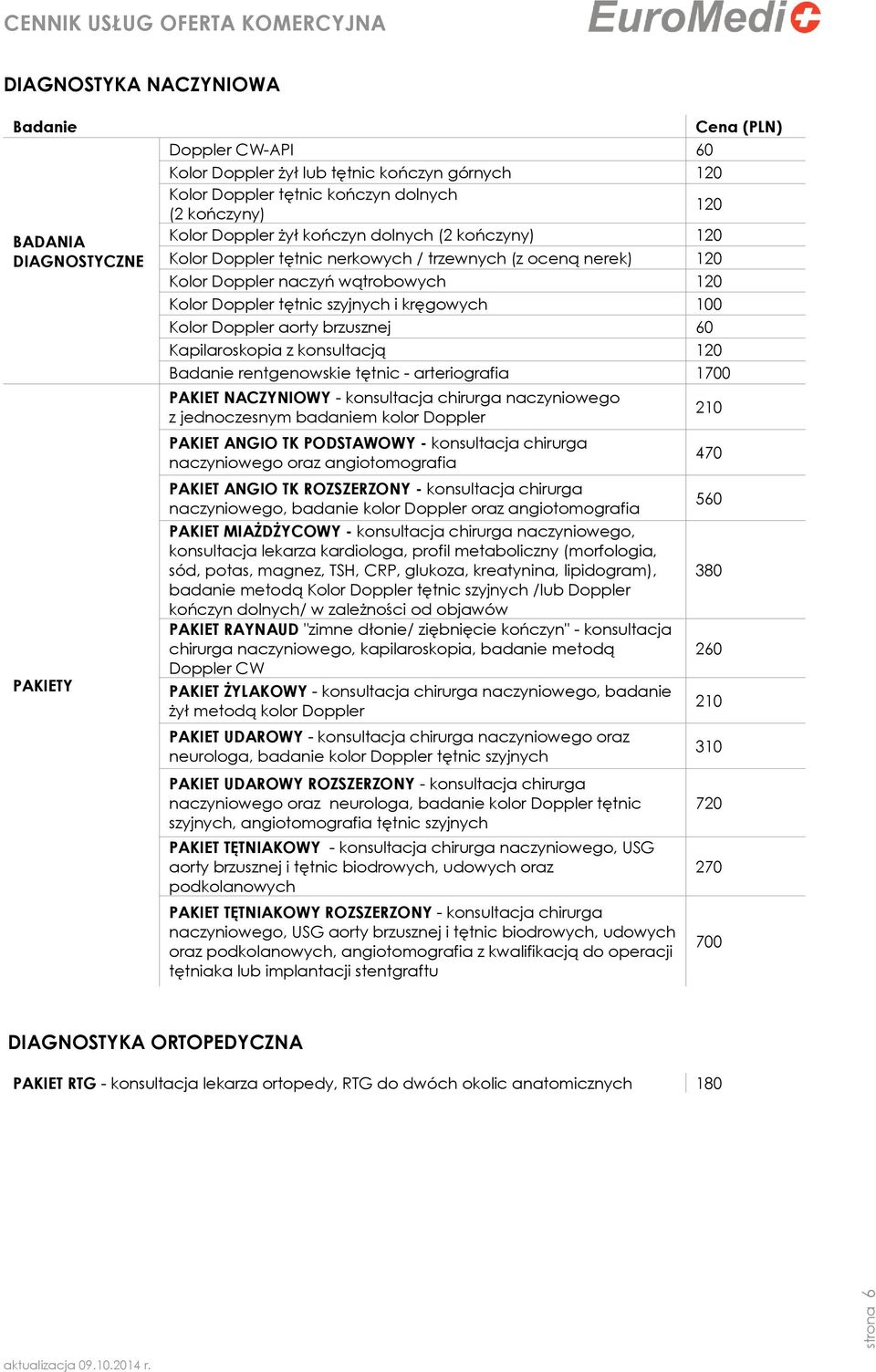 brzusznej 60 Kapilaroskopia z konsultacją 120 Badanie rentgenowskie tętnic - arteriografia 1700 PAKIET NACZYNIOWY - konsultacja chirurga naczyniowego z jednoczesnym badaniem kolor Doppler PAKIET