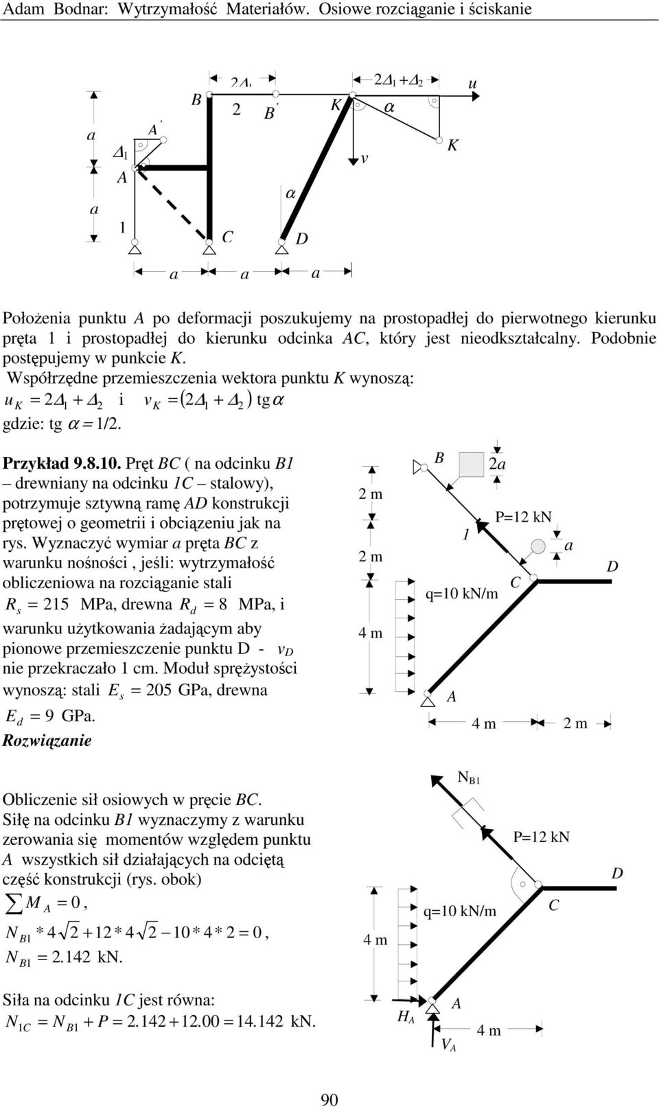 nieodkształcalny. Podobnie postępujemy w punkcie. Współrzędne przemieszczenia wektora punktu wynoszą: u + i v ( + ) tg gdzie: tg /. Przykład 9.8.0.