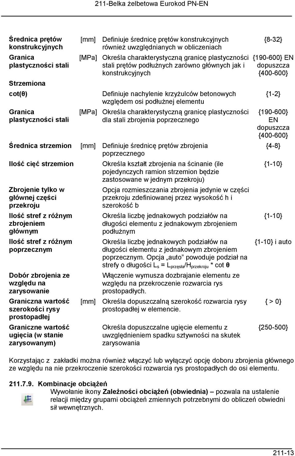 zarysowanym) [mm] Definiuje średnicę prętów konstrukcyjnych również uwzględnianych w obliczeniach [MPa] Określa charakterystyczną granicę plastyczności stali prętów podłużnych zarówno głównych jak i