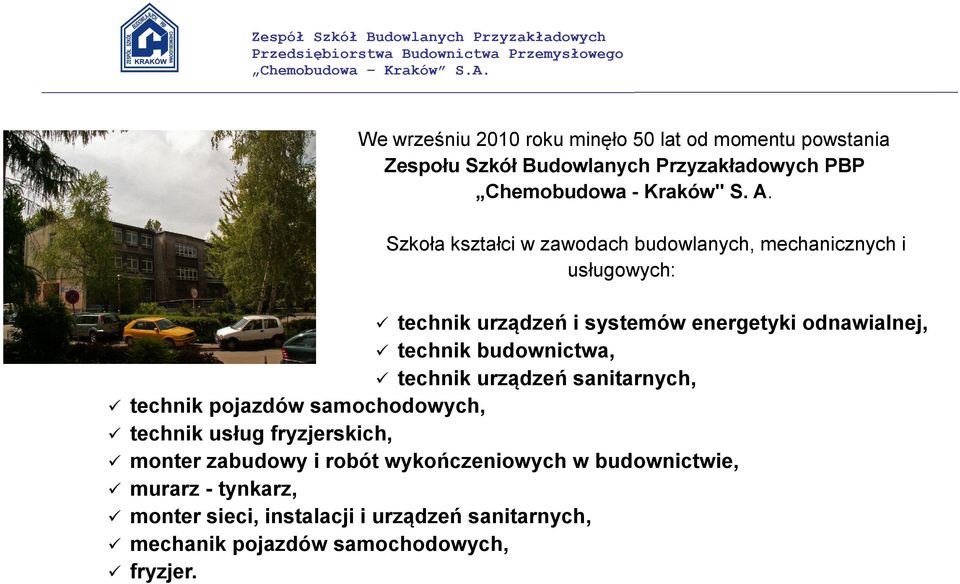 budownictwa, technik urządzeń sanitarnych, technik pojazdów samochodowych, technik usług fryzjerskich, monter zabudowy i robót