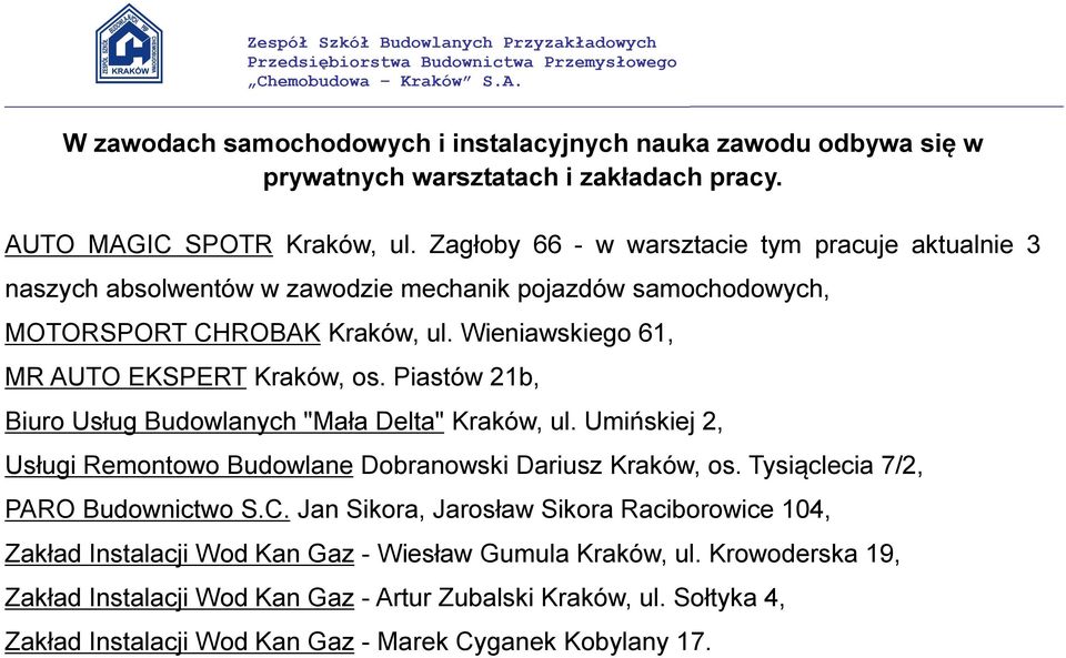 Wieniawskiego 61, MR AUTO EKSPERT Kraków, os. Piastów 21b, Biuro Usług Budowlanych "Mała Delta" Kraków, ul. Umińskiej 2, Usługi Remontowo Budowlane Dobranowski Dariusz Kraków, os.