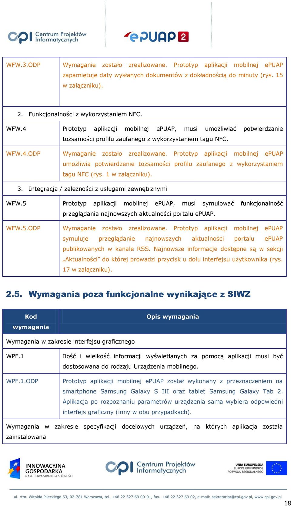 Prototyp aplikacji mobilnej epuap umożliwia potwierdzenie tożsamości profilu zaufanego z wykorzystaniem tagu NFC (rys. 1 w załączniku). 3. Integracja / zależności z usługami zewnętrznymi WFW.