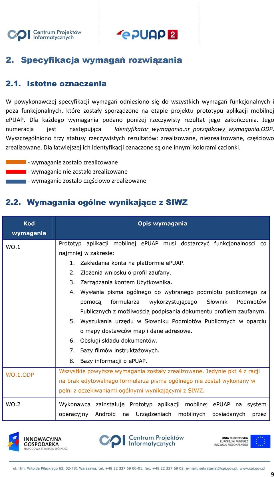 mobilnej epuap. Dla każdego wymagania podano poniżej rzeczywisty rezultat jego zakooczenia. Jego numeracja jest następująca Identyfikator_wymagania.nr_porządkowy_wymagania.ODP.