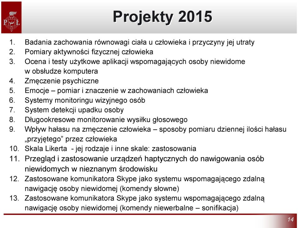 Systemy monitoringu wizyjnego osób 7. System detekcji upadku osoby 8. Długookresowe monitorowanie wysiłku głosowego 9.