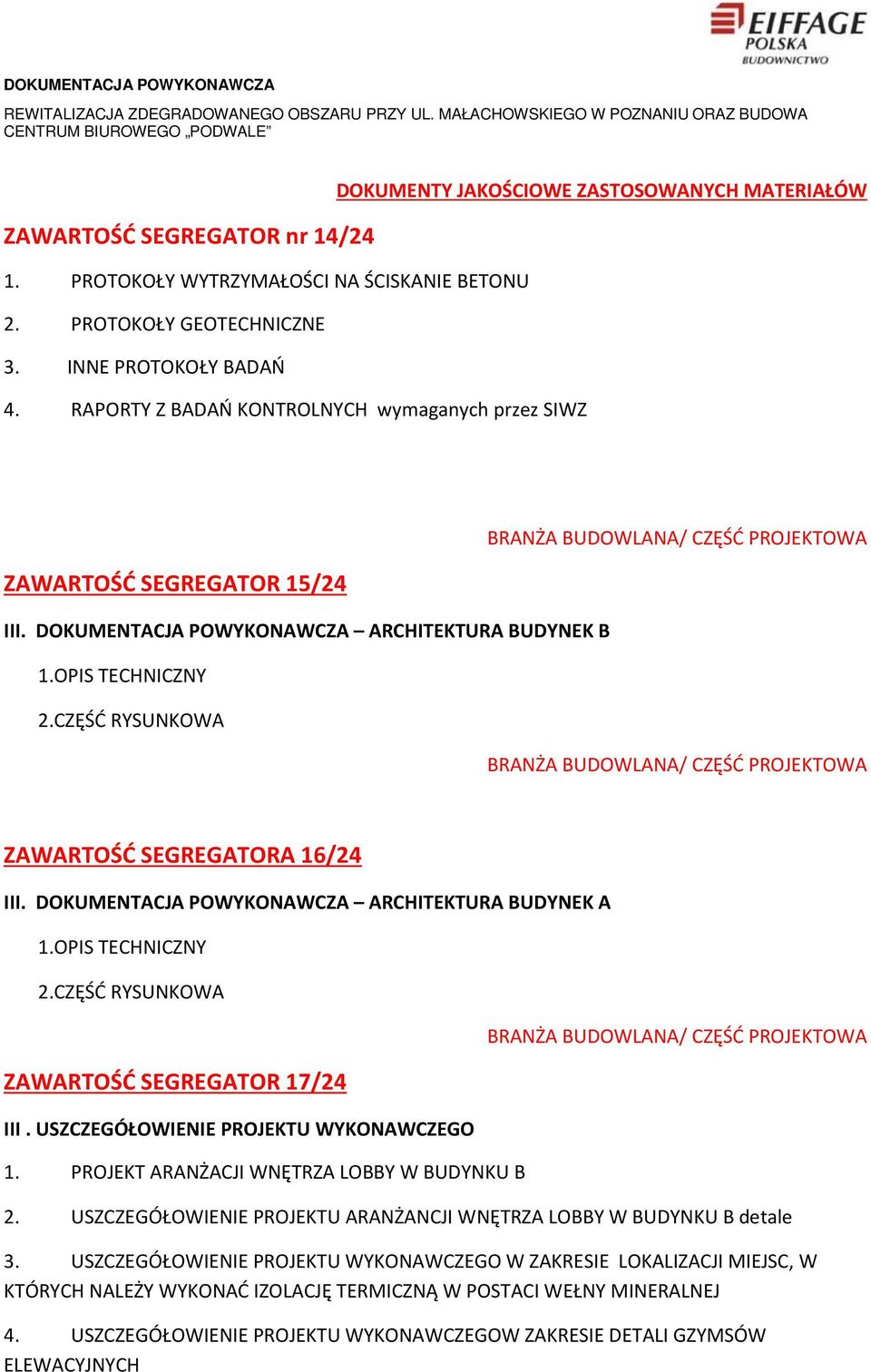 CZĘŚĆ RYSUNKOWA BRANŻA BUDOWLANA/ CZĘŚĆ PROJEKTOWA ZAWARTOŚĆ SEGREGATORA 16/24 III. DOKUMENTACJA POWYKONAWCZA ARCHITEKTURA BUDYNEK A 1.OPIS TECHNICZNY 2.CZĘŚĆ RYSUNKOWA ZAWARTOŚĆ SEGREGATOR 17/24 III.