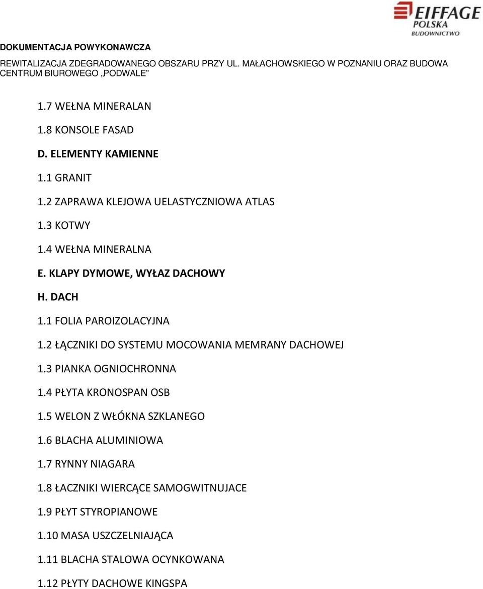 2 ŁĄCZNIKI DO SYSTEMU MOCOWANIA MEMRANY DACHOWEJ 1.3 PIANKA OGNIOCHRONNA 1.4 PŁYTA KRONOSPAN OSB 1.5 WELON Z WŁÓKNA SZKLANEGO 1.