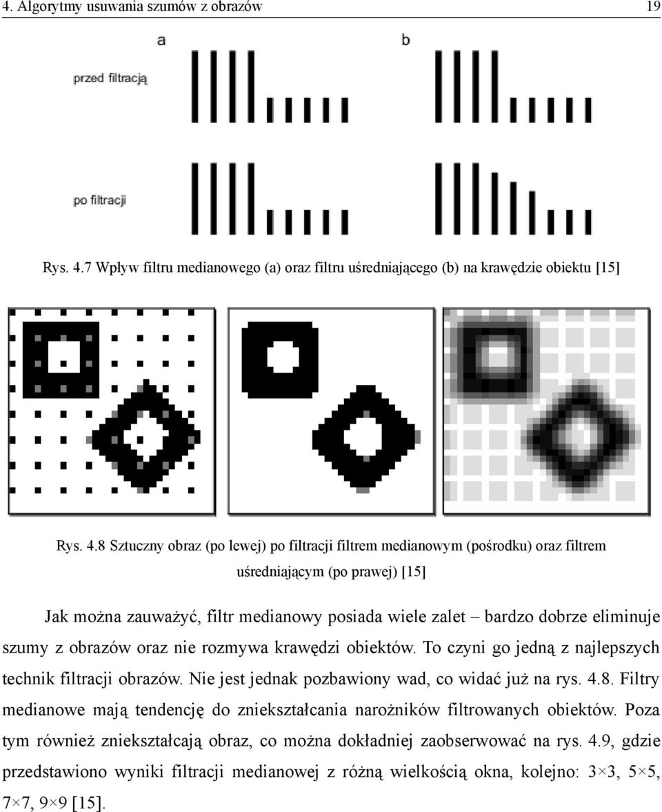 8 Sztuczny obraz (po lewej) po filtracji filtrem medianowym (pośrodku) oraz filtrem uśredniającym (po prawej) [15] Jak można zauważyć, filtr medianowy posiada wiele zalet bardzo dobrze eliminuje