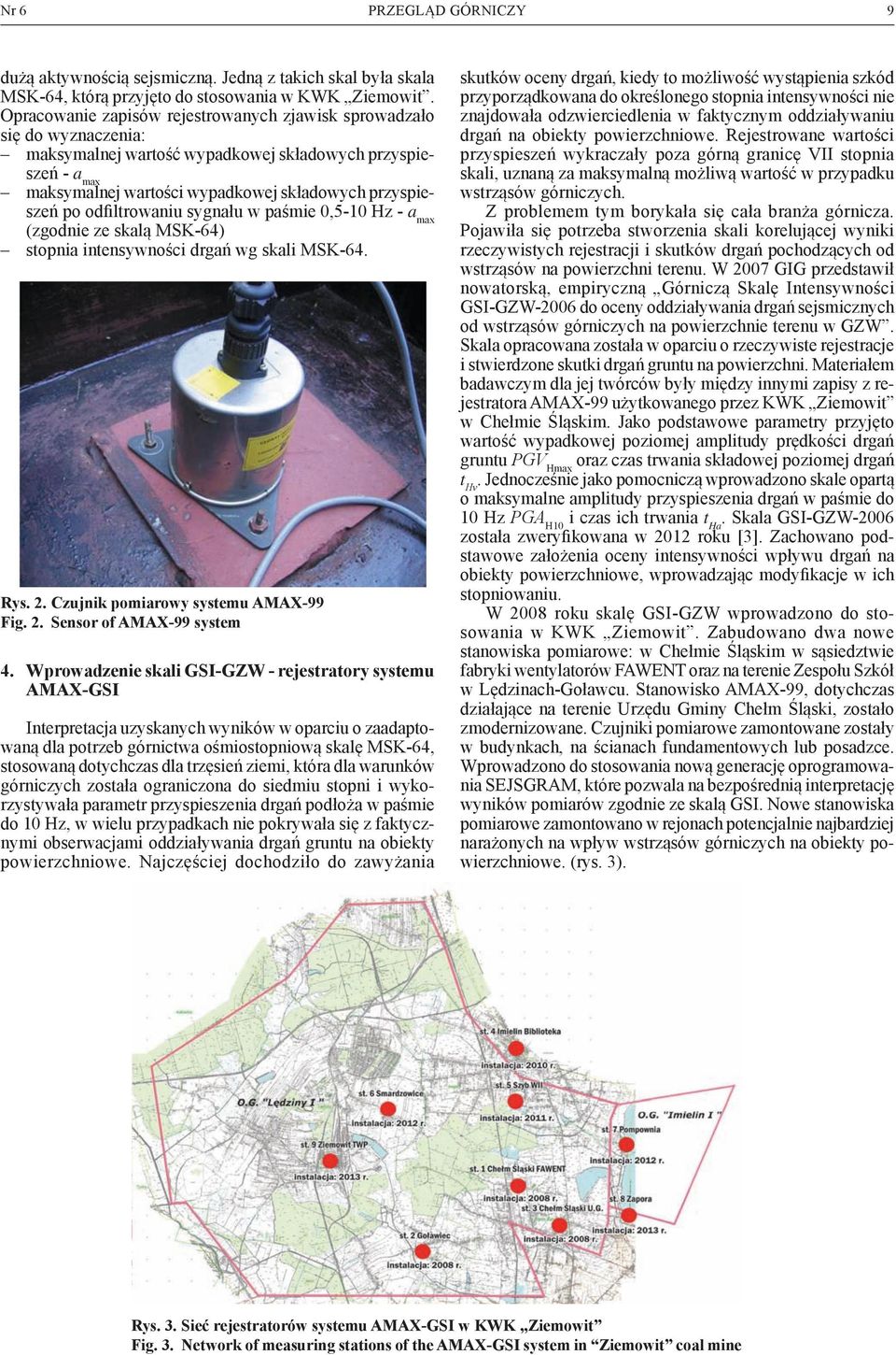 odfiltrowaniu sygnału w paśmie 0,5-10 Hz - a max (zgodnie ze skalą MSK-64) stopnia intensywności drgań wg skali MSK-64. Rys. 2. Czujnik pomiarowy systemu AMAX-99 Fig. 2. Sensor of AMAX-99 system 4.