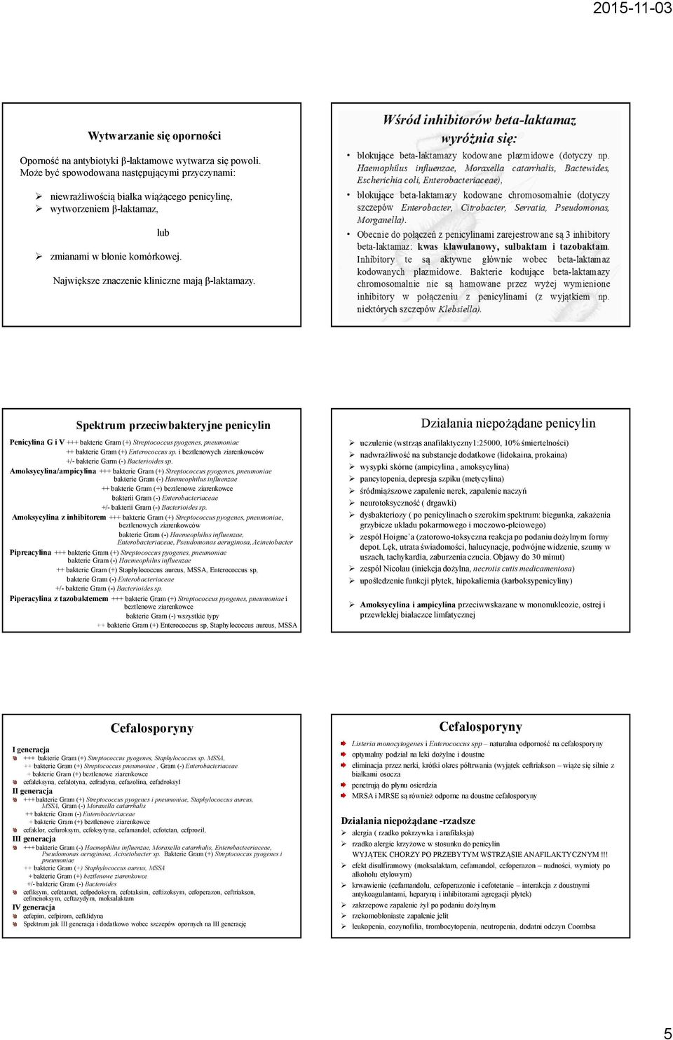 Spektrum przeciwbakteryjne penicylin Penicylina G i V +++ bakterie Gram (+) Streptococcus pyogenes, pneumoniae ++ bakterie Gram (+) Enterococcus sp.