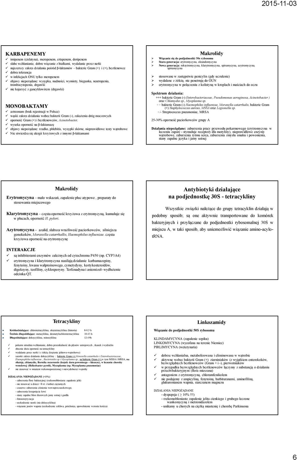 (drgawki) MONOBAKTAMY aztreonam (brak rejestracji w Polsce) wąski zakres działania wobec bakterii Gram (-), zakażenia dróg moczowych oporność Gram (+) i beztlenowców, Acinetobacter, wysoka oporność