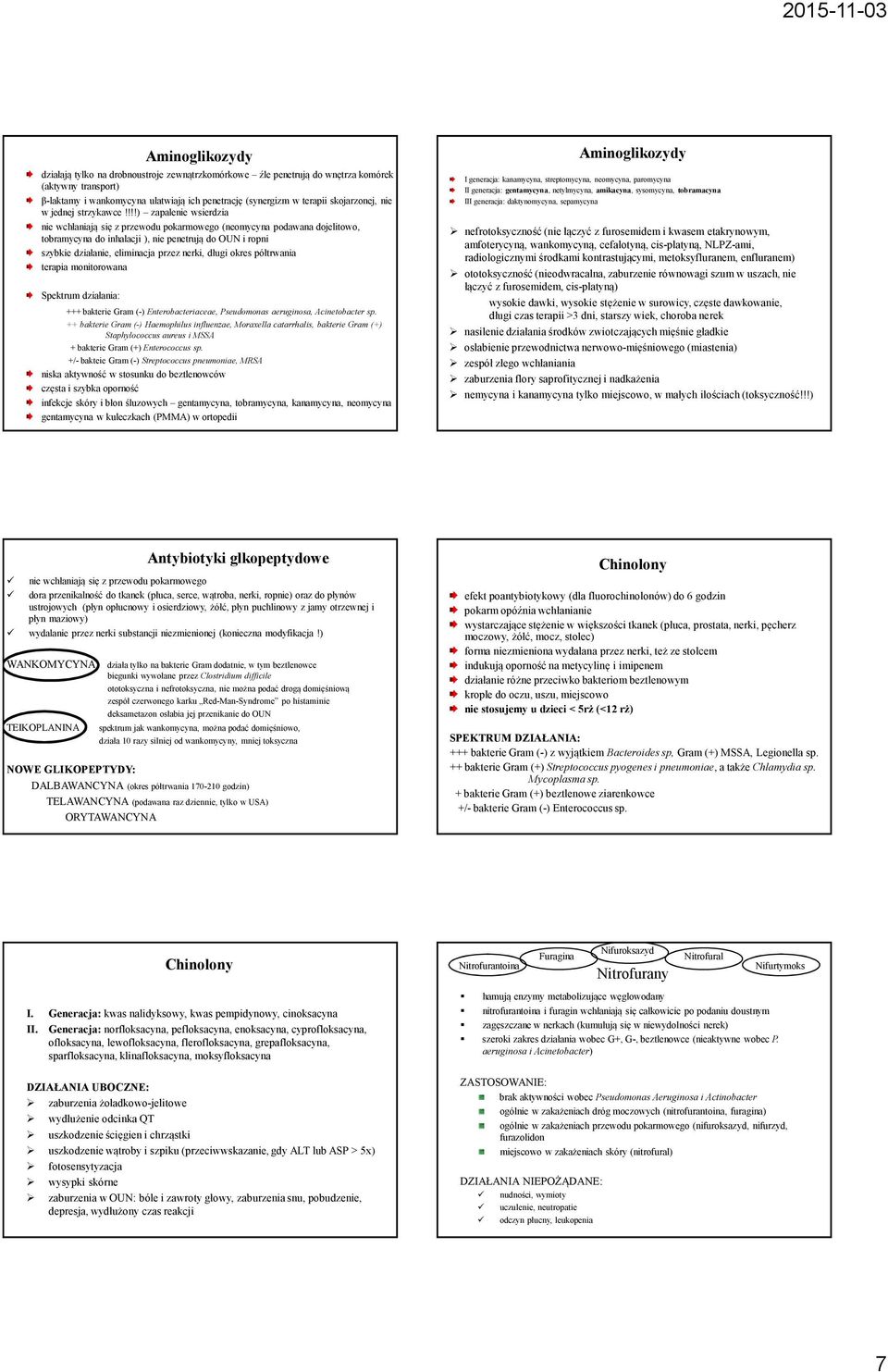 !!!) zapalenie wsierdzia nie wchłaniają się z przewodu pokarmowego (neomycyna podawana dojelitowo, tobramycyna do inhalacji ), nie penetrują do OUN i ropni szybkie działanie, eliminacja przez nerki,