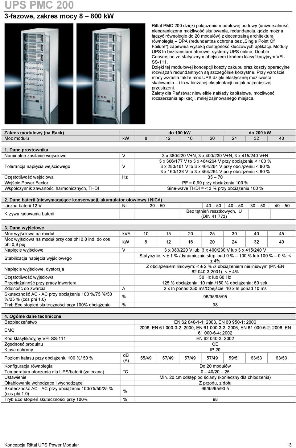 Moduły UPS to beztransformatorowe, systemy UPS online, Double Conversion ze statycznym obejściem i kodem klasyfikacyjnym VFI- SS-111.