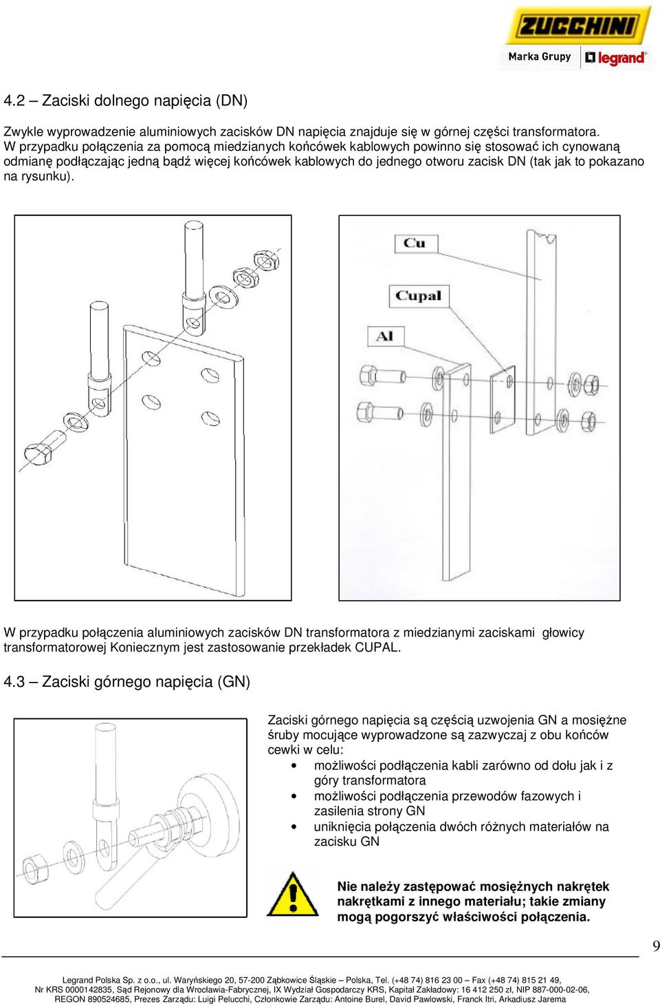 pokazano na rysunku). W przypadku połączenia aluminiowych zacisków DN transformatora z miedzianymi zaciskami głowicy transformatorowej Koniecznym jest zastosowanie przekładek CUPAL. 4.