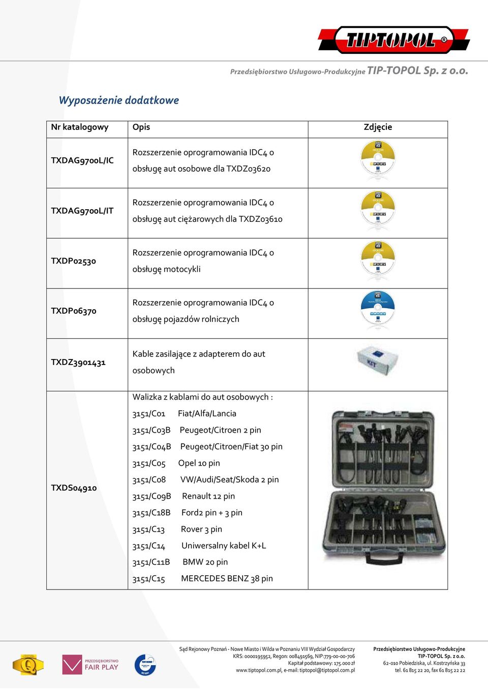 zasilające z adapterem do aut osobowych Walizka z kablami do aut osobowych : 3151/C01 Fiat/Alfa/Lancia 3151/C03B Peugeot/Citroen 2 pin TXDS04910 3151/C04B Peugeot/Citroen/Fiat 30 pin 3151/C05