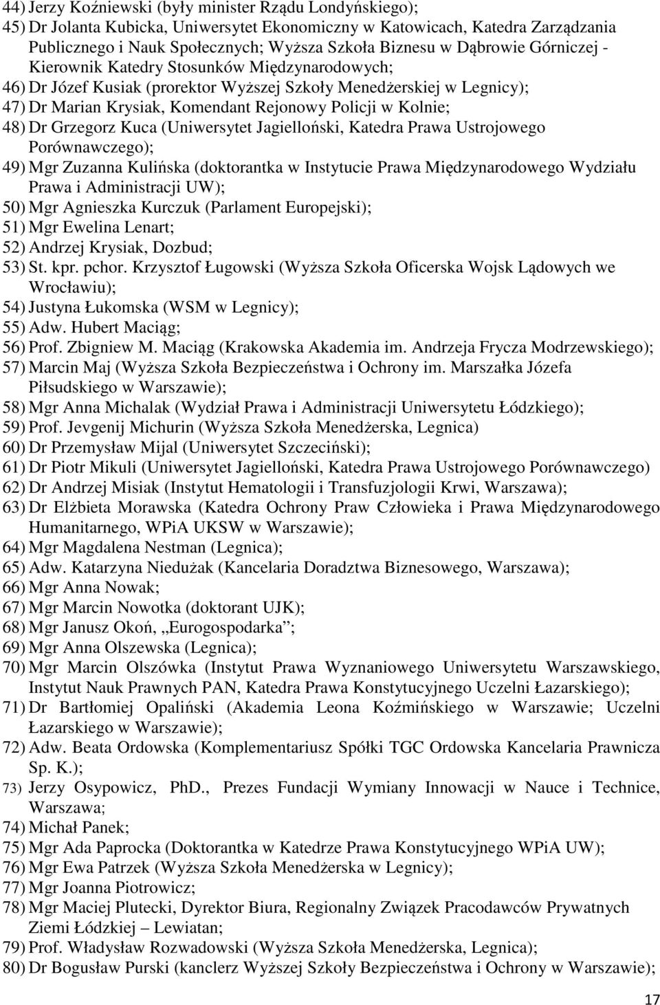 48) Dr Grzegorz Kuca (Uniwersytet Jagielloński, Katedra Prawa Ustrojowego Porównawczego); 49) Mgr Zuzanna Kulińska (doktorantka w Instytucie Prawa Międzynarodowego Wydziału Prawa i Administracji UW);