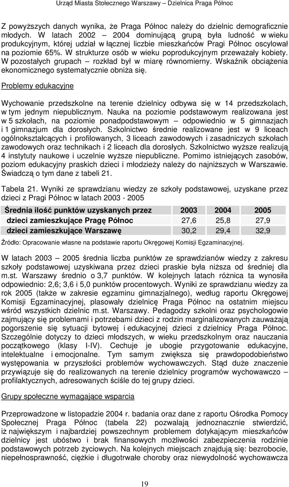 W strukturze osób w wieku poprodukcyjnym przeważały kobiety. W pozostałych grupach rozkład był w miarę równomierny. Wskaźnik obciążenia ekonomicznego systematycznie obniża się.