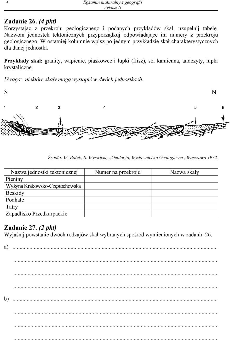 Przykłady skał: granity, wapienie, piaskowce i łupki (flisz), sól kamienna, andezyty, łupki krystaliczne. Uwaga: niektóre skały mogą wystąpić w dwóch jednostkach. S N Źródło: W. Bałuk, R.