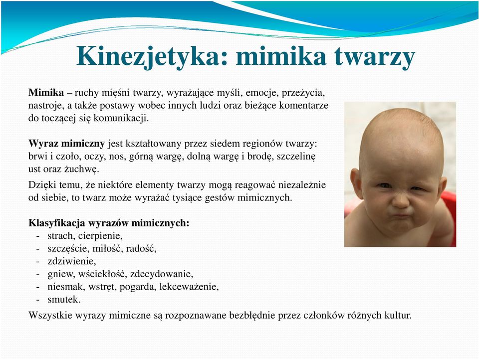 Dzięki temu, że niektóre elementy twarzy mogą reagować niezależnie od siebie, to twarz może wyrażać tysiące gestów mimicznych.