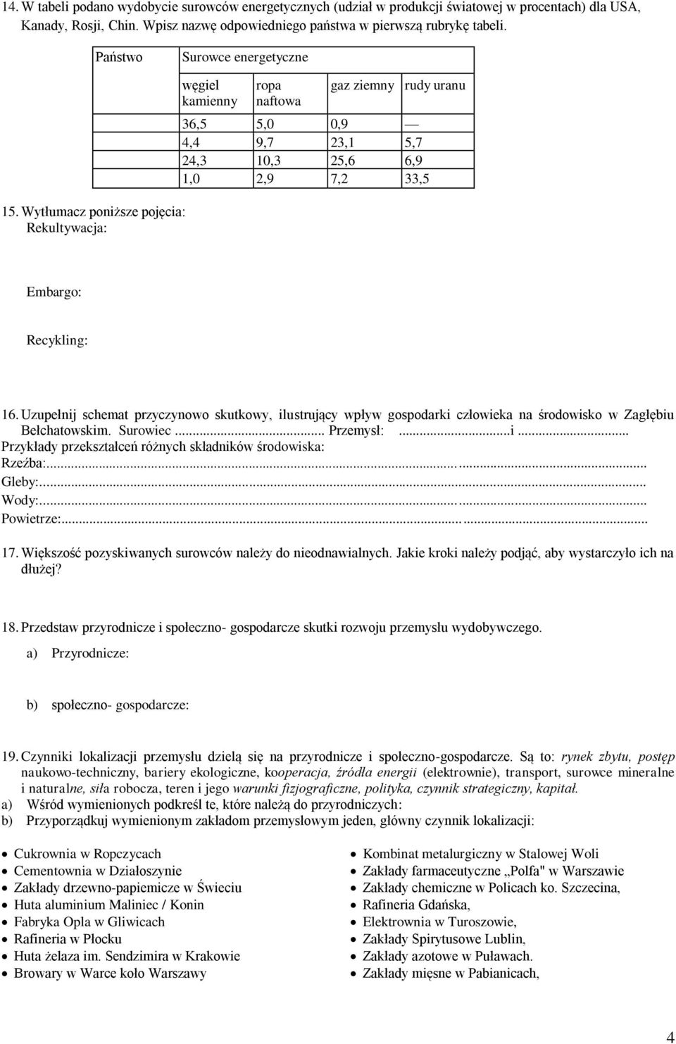 Wytłumacz poniższe pojęcia: Rekultywacja: węgiel kamienny ropa naftowa gaz ziemny rudy uranu 36,5 5,0 0,9 4,4 9,7 23,1 5,7 24,3 10,3 25,6 6,9 1,0 2,9 7,2 33,5 Embargo: Recykling: 16.