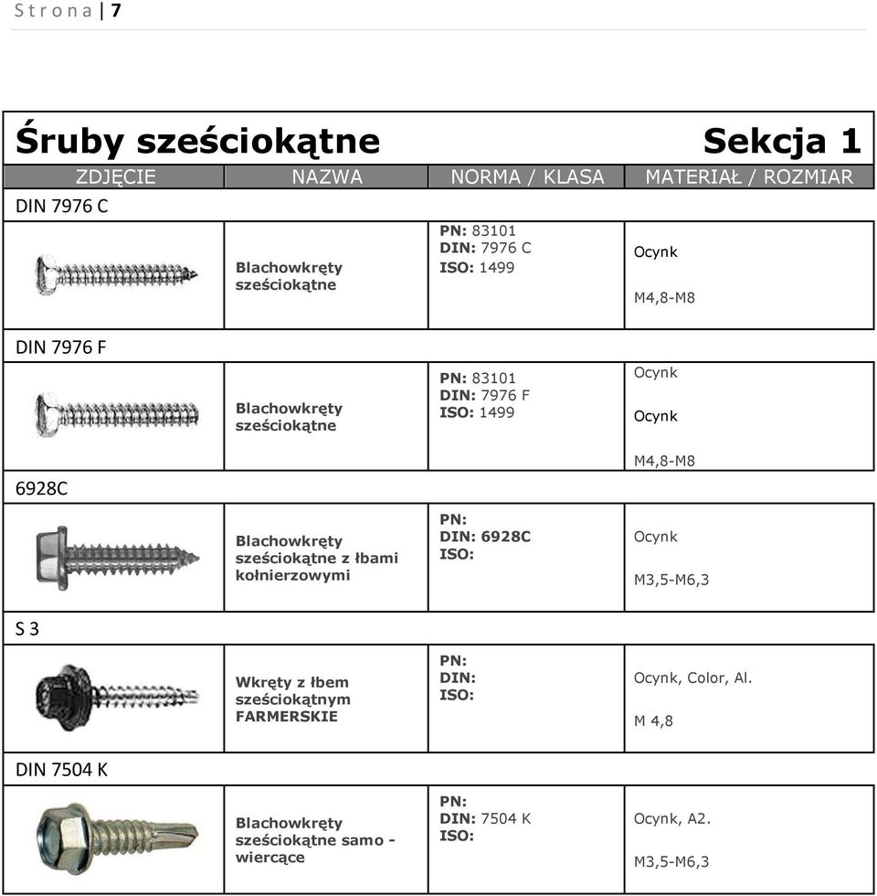 6928C Ocynk sześciokątne z łbami kołnierzowymi M3,5-M6,3 S 3 Wkręty z łbem Ocynk, Color, Al.