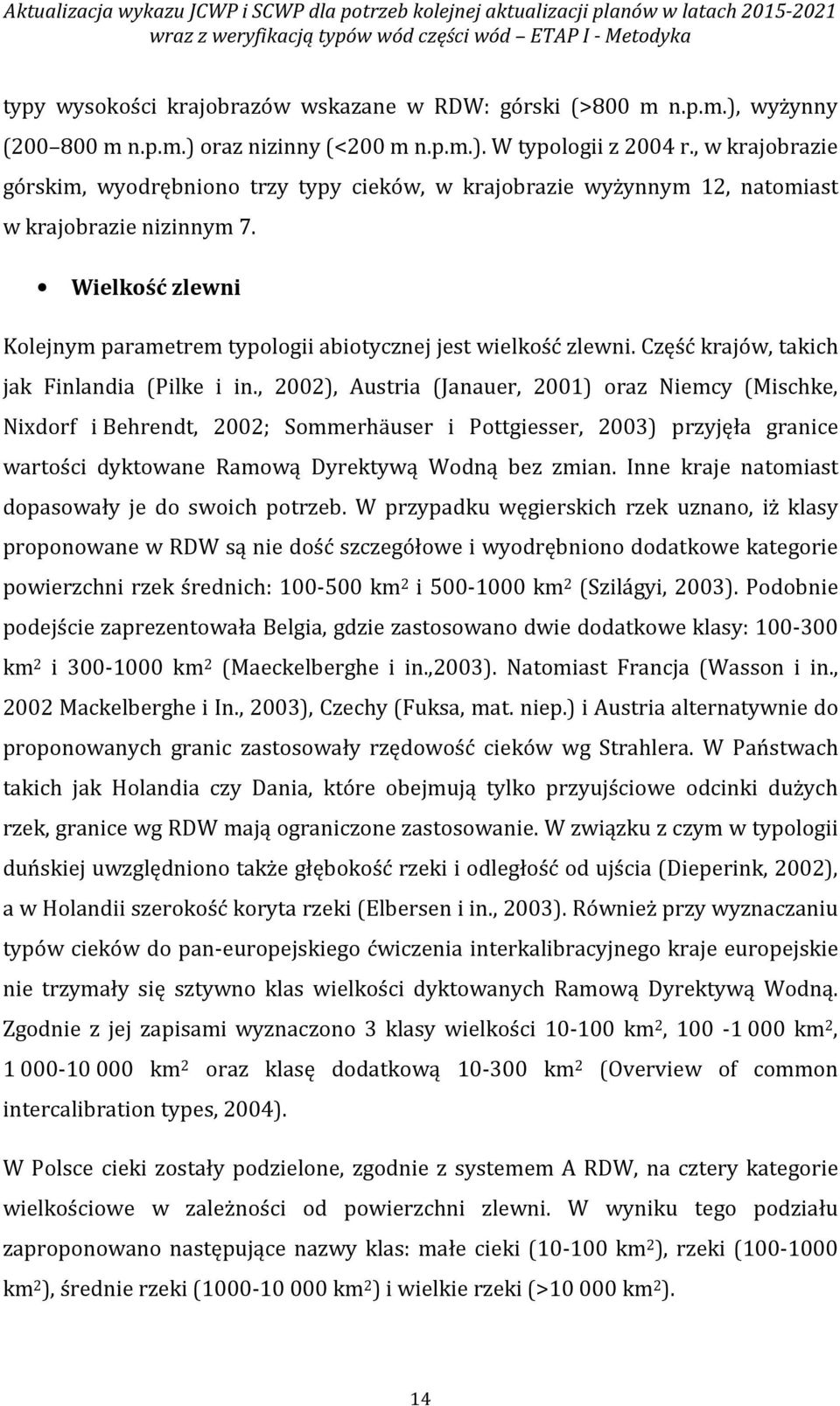 , w krajobrazie górskim, wyodrębniono trzy typy cieków, w krajobrazie wyżynnym 12, natomiast w krajobrazie nizinnym 7. Wielkość zlewni Kolejnym parametrem typologii abiotycznej jest wielkość zlewni.