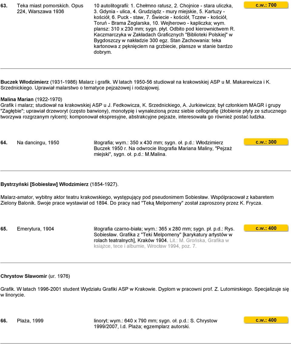 Kaczmarczyka w Zakładach Graficznych "Biblioteki Polskiej" w Bygdoszczy w nakładzie 300 egz. Stan Zachowania: teka kartonowa z pęknięciem na grzbiecie, plansze w stanie bardzo dobrym. c.w.: 700 Buczek Włodzimierz (1931-1986) Malarz i grafik.