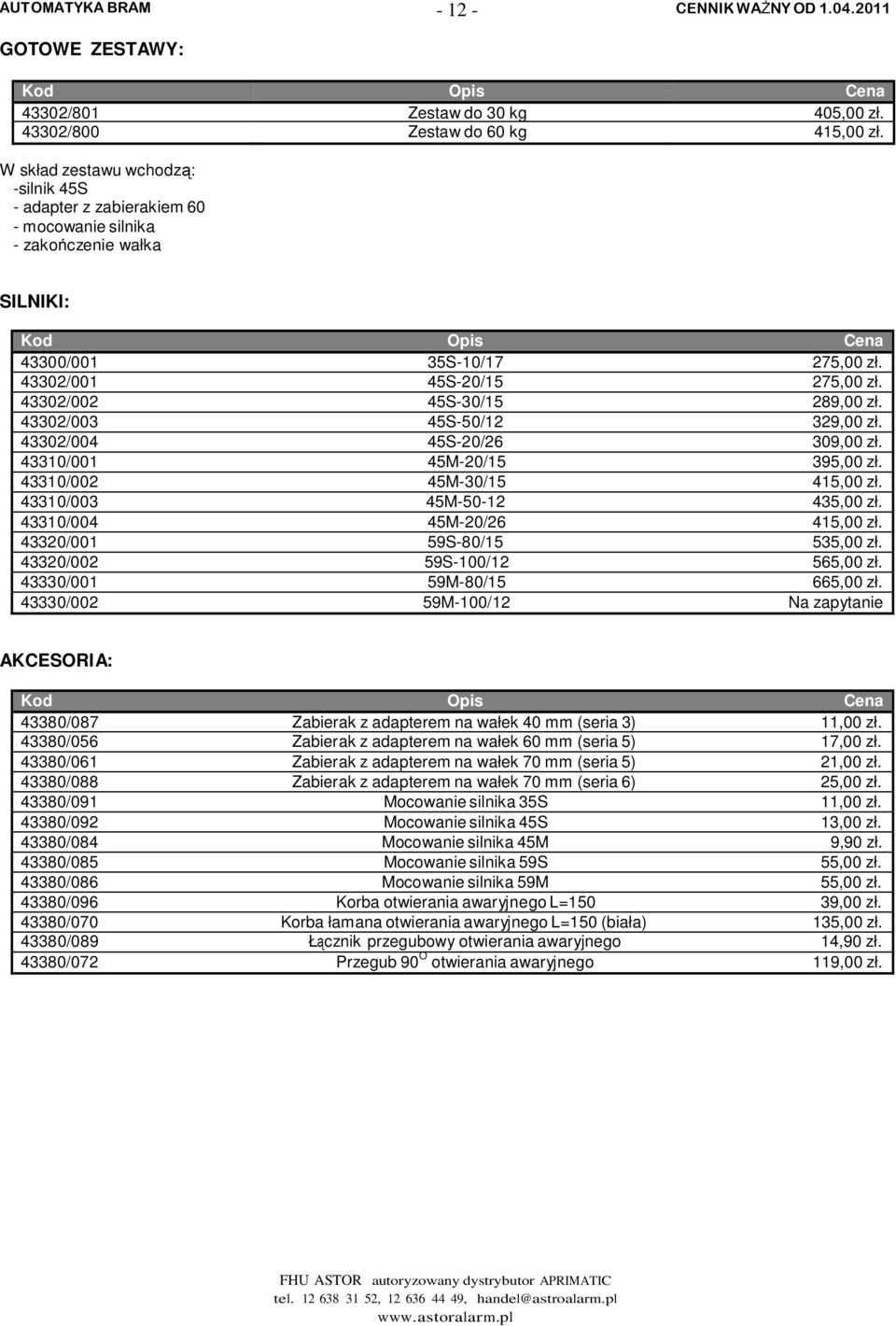43302/002 45S-30/15 289,00 zł. 43302/003 45S-50/12 329,00 zł. 43302/004 45S-20/26 309,00 zł. 43310/001 45M-20/15 395,00 zł. 43310/002 45M-30/15 415,00 zł. 43310/003 45M-50-12 435,00 zł.