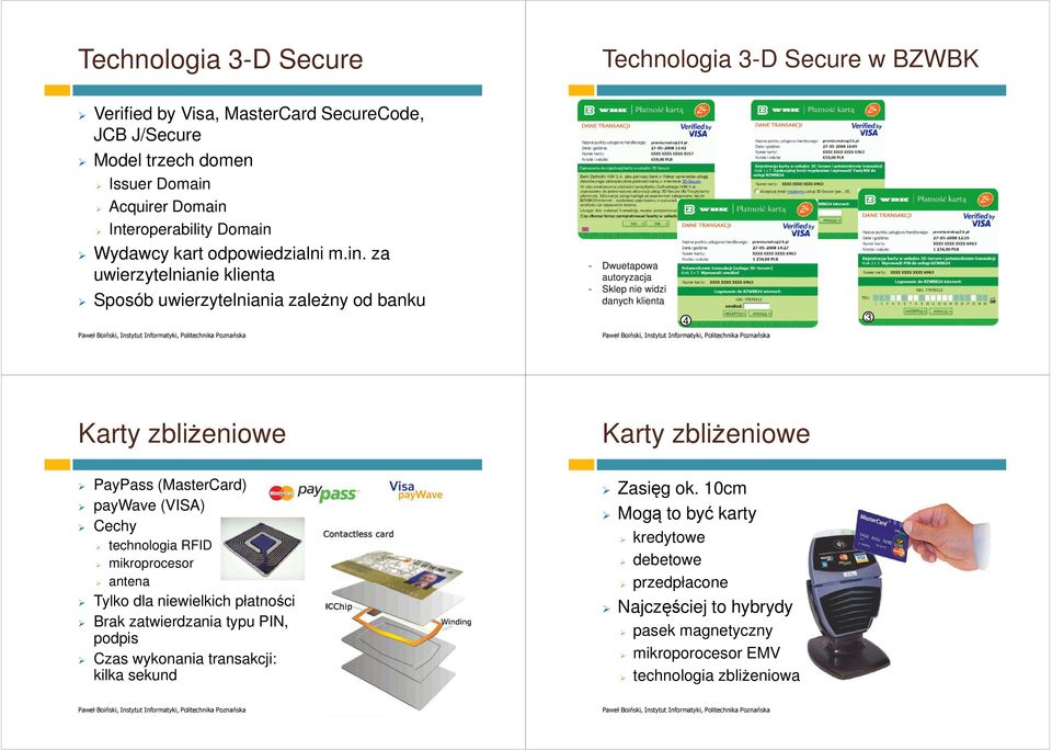 za uwierzytelnianie klienta Sposób uwierzytelniania zależny od banku - Dwuetapowa autoryzacja - Sklep nie widzi danych klienta 4 1 2 3 Karty zbliżeniowe Karty zbliżeniowe PayPass