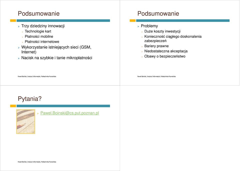 Podsumowanie Problemy Duże koszty inwestycji Konieczność ciągłego doskonalenia zabezpieczeń