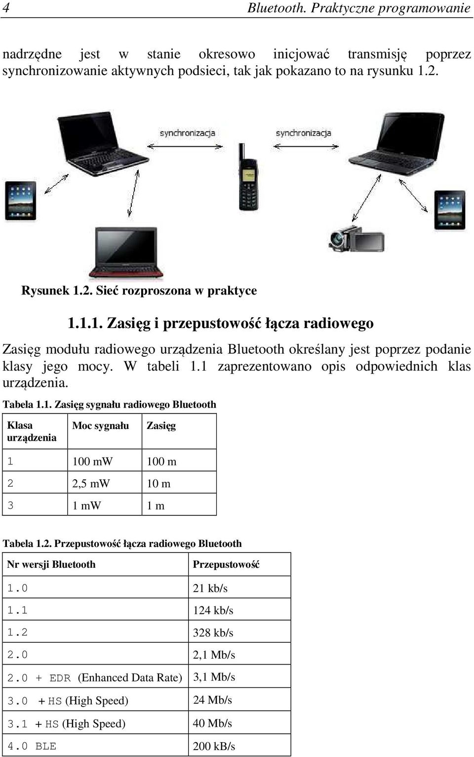 1 zaprezentowano opis odpowiednich klas urządzenia. Tabela 1.1. Zasięg sygnału radiowego Bluetooth Klasa urządzenia Moc sygnału Zasięg 1 100 mw 100 m 2 