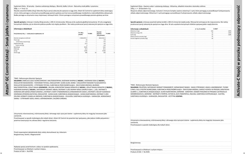 Attain GC Control to suplement diety zaiera chrom, który pomaga utrzymaniu praidłoego poziomu glukozy e kri oraz praidłoego metabolizmu makroskładnikó odżyc Białko pomaga utrzymaniu masy mięśnioej i