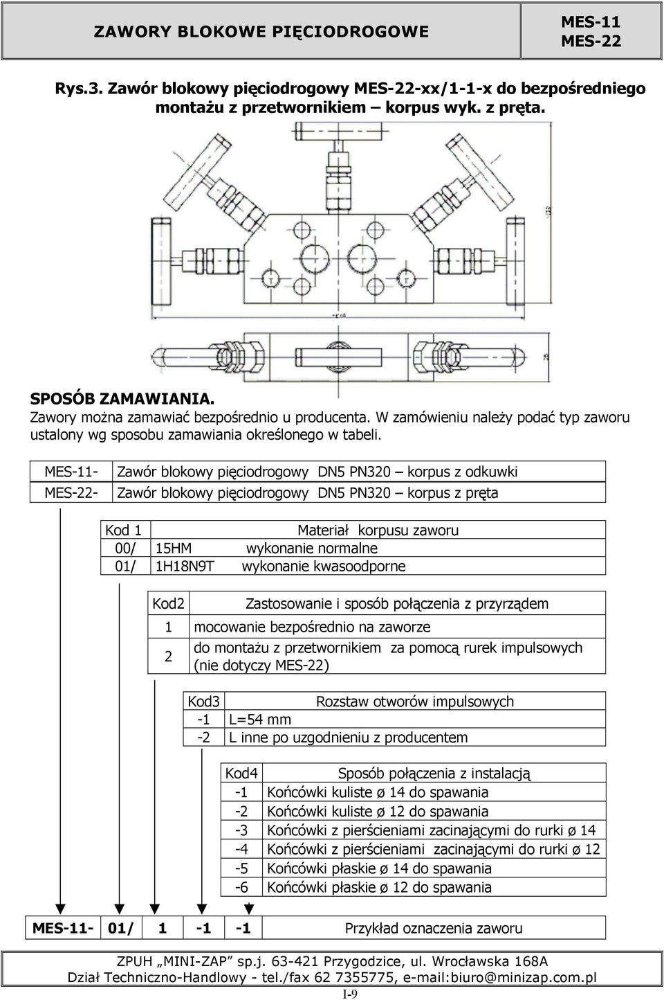 MES-11- MES-22- Zawór blokowy pięciodrogowy DN5 PN320 korpus z odkuwki Zawór blokowy pięciodrogowy DN5 PN320 korpus z pręta Kod 1 Materiał korpusu zaworu 00/ 15HM wykonanie normalne 01/ 1H18N9T