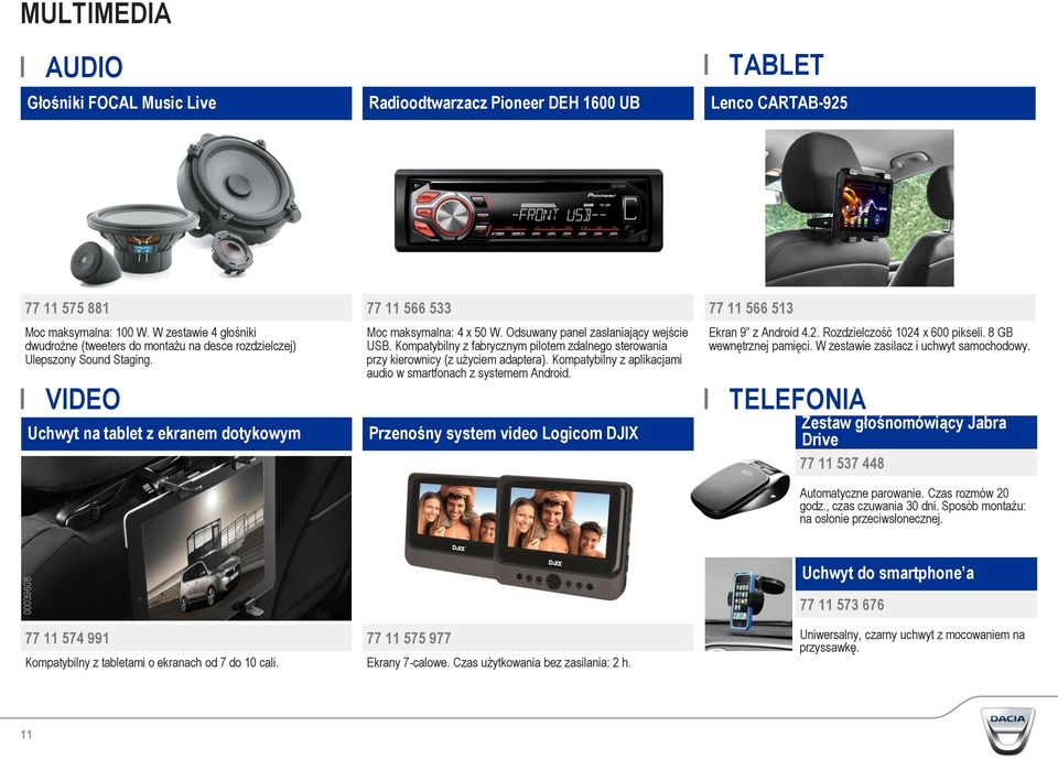 Odsuwany panel zasłaniający wejście USB. Kompatybilny z fabrycznym pilotem zdalnego sterowania przy kierownicy (z użyciem adaptera). Kompatybilny z aplikacjami audio w smartfonach z systemem Android.