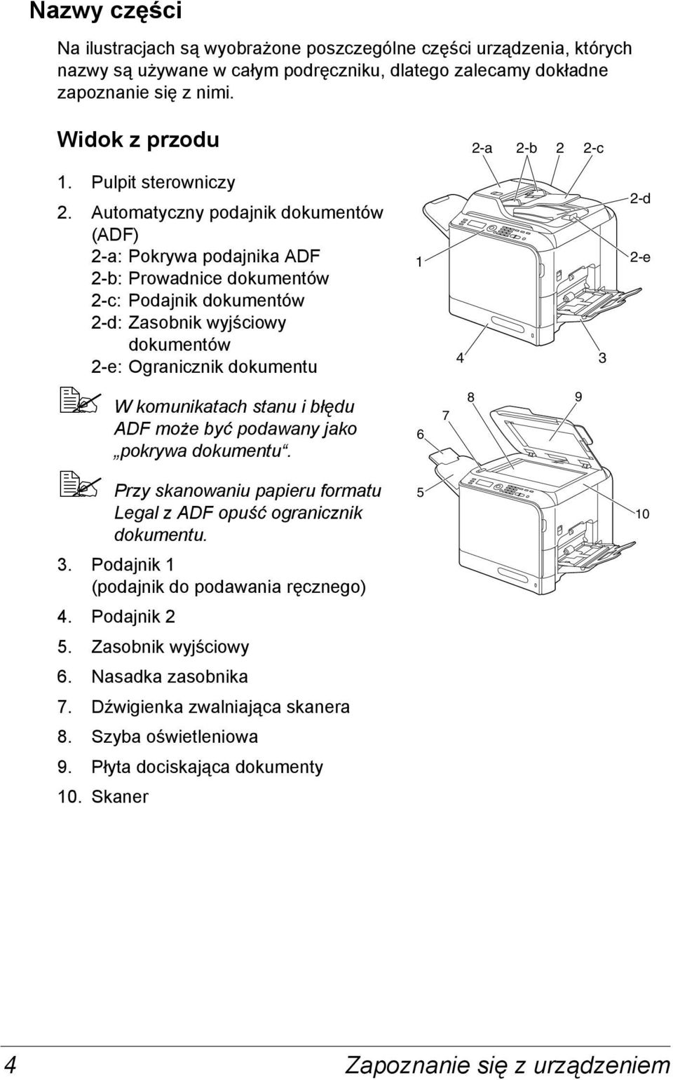 Automatyczny podajnik dokumentów (ADF) 2-a: Pokrywa podajnika ADF 2-b: Prowadnice dokumentów 2-c: Podajnik dokumentów 2-d: Zasobnik wyjściowy dokumentów 2-e: Ogranicznik dokumentu W komunikatach